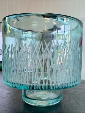 Aqua Glass Pedestal Vase with White Lattice Pattern